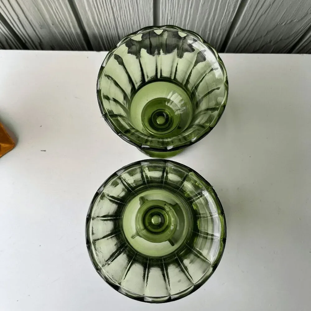 VTG Indiana Glass Avocado Green Pedestal Vases + Amber Mount Vernon Set